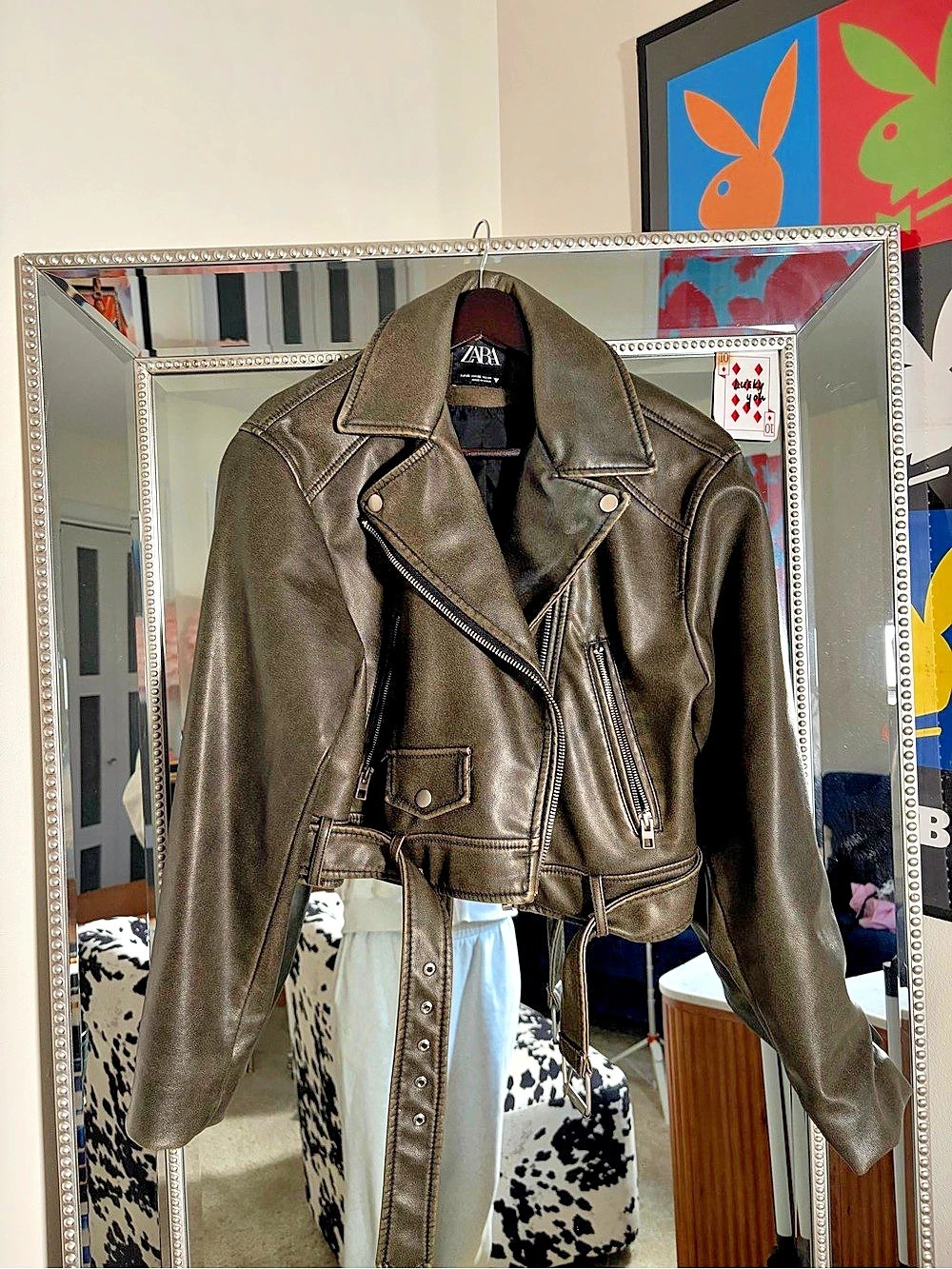 Zara Faux Leather Belted Biker Jacket Moto Jacket in Brown Size
